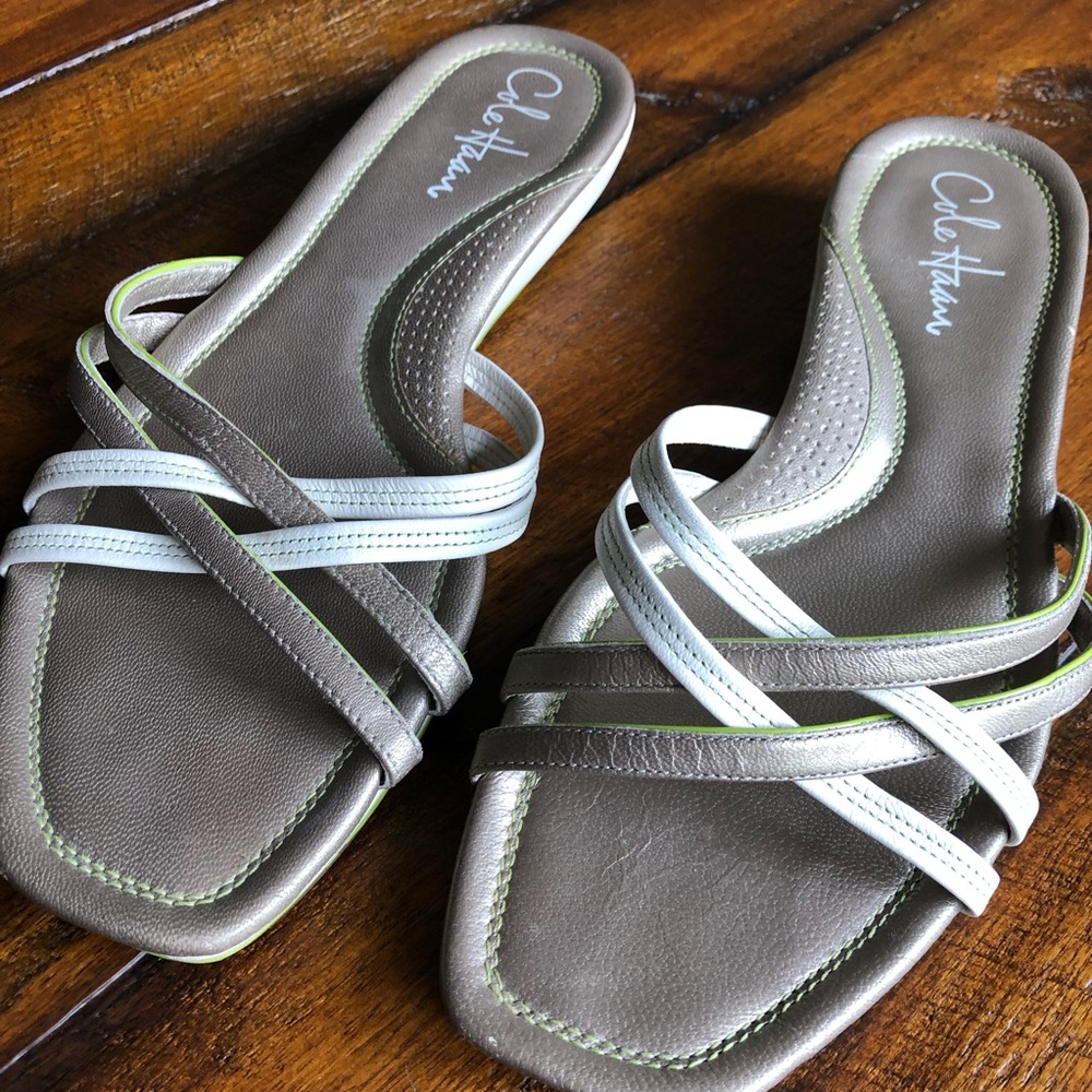 Cole Haan Gold and White Leather Slide Sandals
